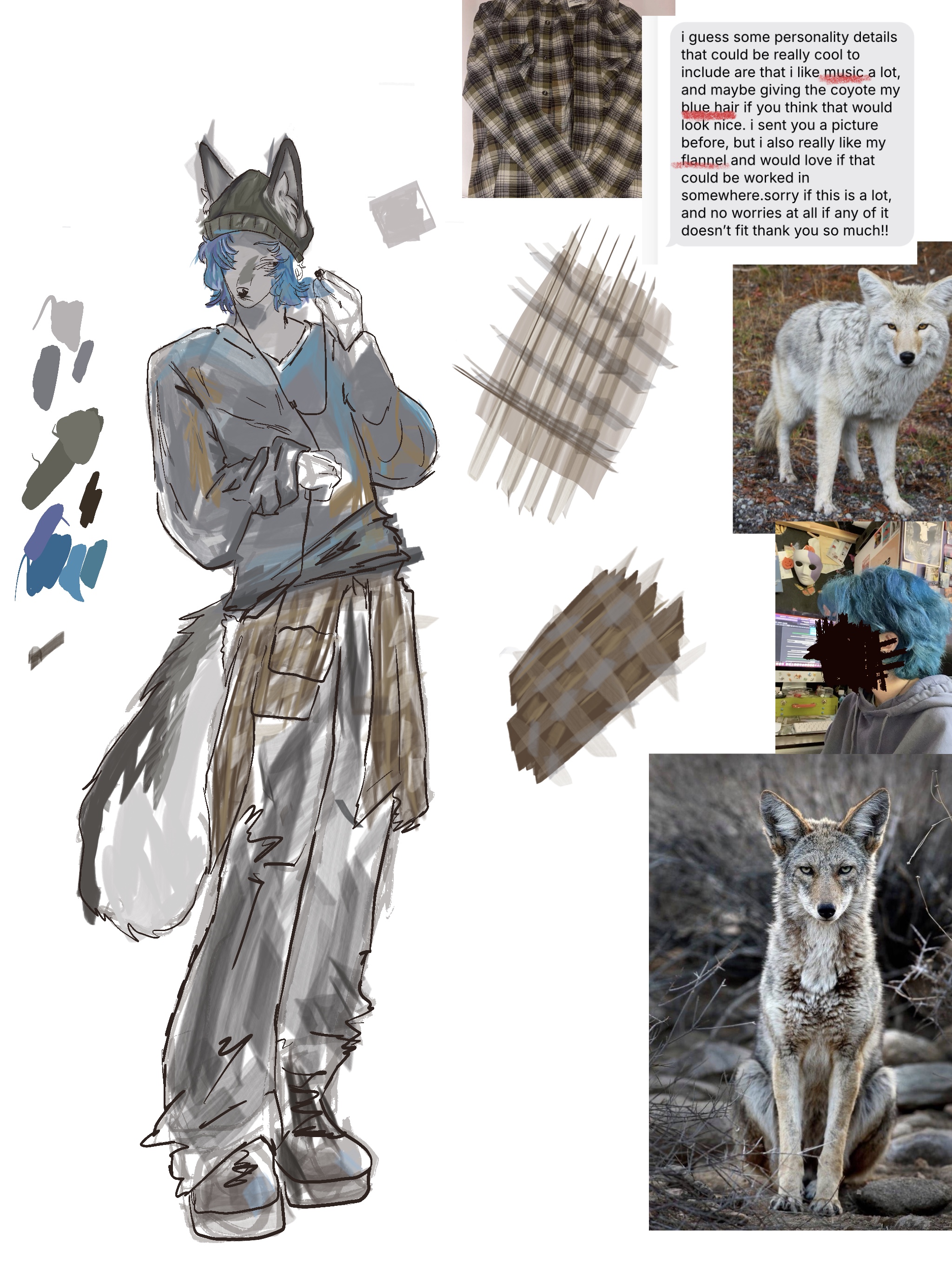 Anthro coyote commission sketch with visual references